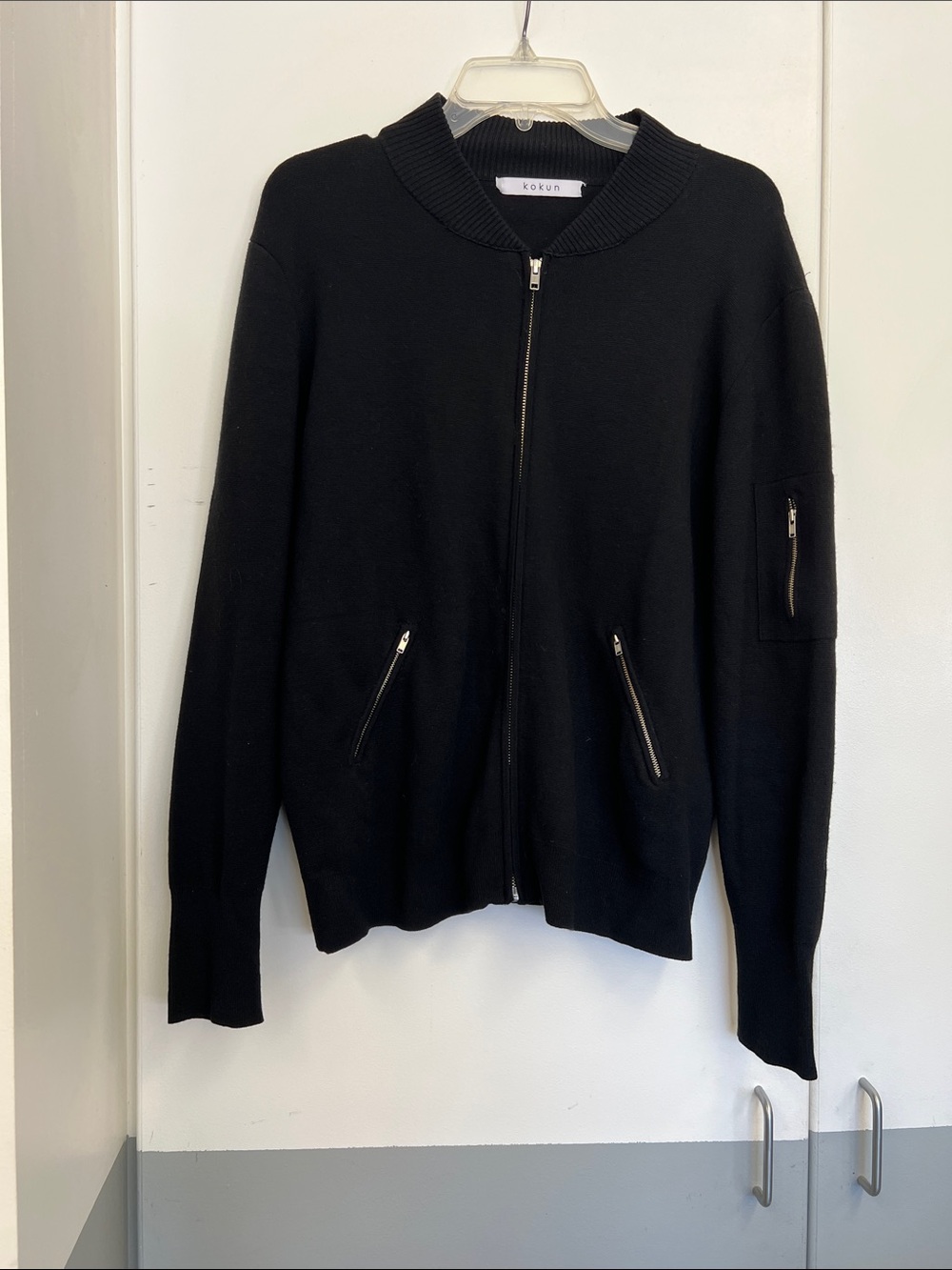 Kokun Black Zip-Front Women's Bomber Jacket Knit Cardigan Sweater Cashmere Blend